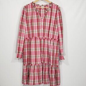 J Crew  Re-Imagined  Pink Plaid Tiered Ruffled Long Sleeve Dress Plus Size 20